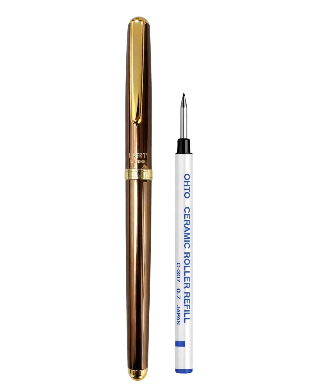 Liberty Ceramic Rollerball Pen - Brown Body with 0.7mm Blue Ink | Refillable Metal Writing Pen with Ergonomic Grip and One Extra Blue Refill - Ideal for Professionals & Students | Made in Japan