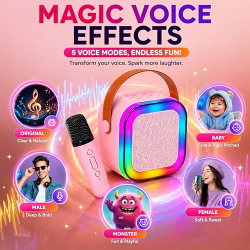 Image of One94Store Portable Bluetooth Speaker 10W with Wireless Karaoke Mic, Bluetooth 5.1, 8H Playtime, 5 Voice Change Effects, RGB LED Lights, TF Card Support, Type-C Charging, Mini Wireless Speaker-Pink