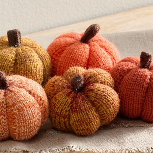 Image of Set of 5 Mini Knit Pumpkins, Sunset Orange Gold Rust (Sunset 2.5 Inch Set) | Cozy Knit, Table Top Bowl Filler, Kitchen Tiered Tray Decor, Hostess Gift