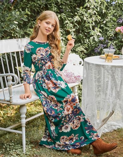 21KIDS Girls Maxi Dress Floral 3/4 Long Sleeve Dresses with Pockets for Girls 6-12 Years4