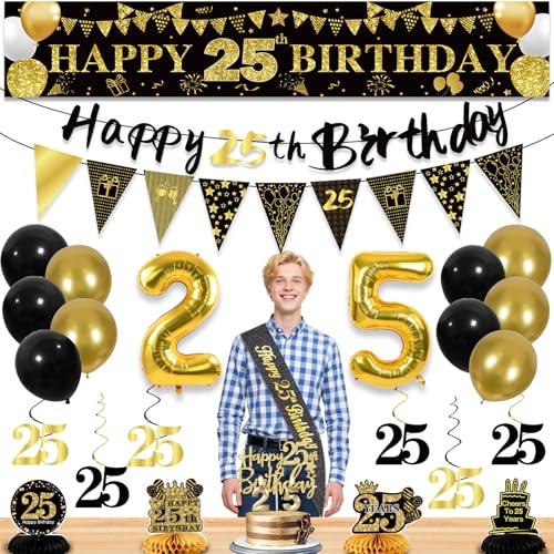 Image of 25th Birthday Decorations for Men, Black Gold 25th Party Decoration Kits | 27pcs Happy 25th Birthday Set, Banner, Honeycomb, Balloons, Gold Number, Candle, Hanging Swirls, Cake Topper, Party Supplies