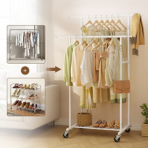 Gewudraw Double Rod Garment Rack, Heavy Duty Clothes Rack, Metal Clothing Garment Rack With Wheels, Shelves And Hooks, Rolling Clothes Rack Freestanding Closet Organizer Hanger For Hanging Clothes #TOP4