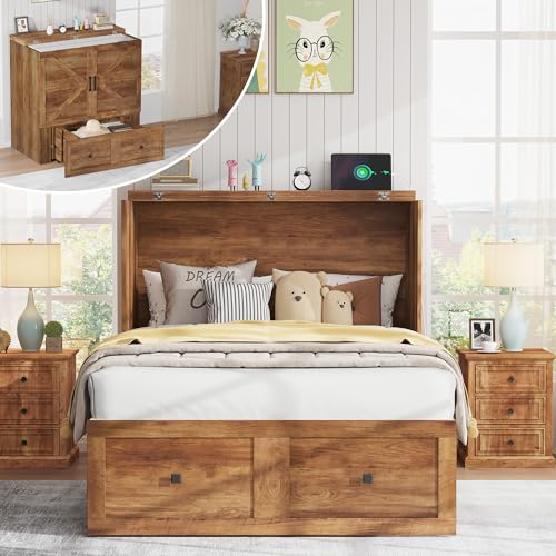 Image of AMERLIFE Twin Murphy Bed Cabinet with Charging Station and Storage Drawer, Farmhouse Foldable Platform Bed for Home Office, Apartment, Small Spaces, Barnwood