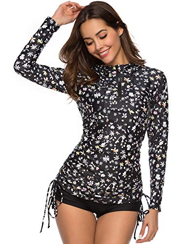 Women's Long Sleeve Half-Zip Sun Protection Hooded Rashguard Side Adjustable Swim Shirt F30-Xl Ca109 #TOP3