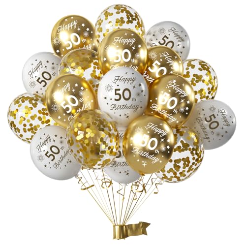 15pcs Años Decoracion Aniversario Cumpleaños,Blanco y Dorado Fiesta 50Años Confetis Látex Globos cumpleaños con Feliz para niño y niña hombres mujer Dfiesta de cumpleaño 50 Años Decoracione