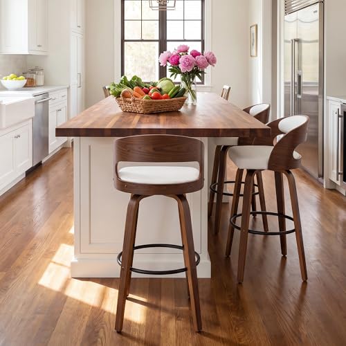 Image of AQG Swivel Bar stools Set of 3 Bar Chairs 26 inch Counter Height Mid-Century Modern Bentwood Barstool PU Leather Upholstered Bar Chair with Back and Footrest, for Bar, Cafe, Dining, Kitchen Island, White