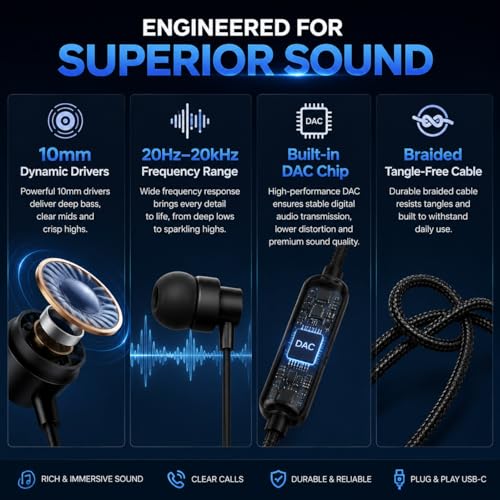 Image of Magnetic Wired Type C Headphones with HD Mic,Comfortable Fit,13mm Bass Driver, Tangle-Free Braided Cable,in-Line Controls,Premium Metal C Pin Earphones for Samsung,OnePlus,Realme,Xiaomi