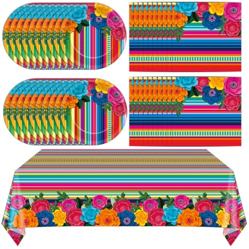 Mexican Party Decorations Fiesta Party Plates and Napkins Taco Birthday Supplies Mexican Paper Cake Dessert Disposable Tableware Set Table Cover Flowers Fiesta Tablecloths