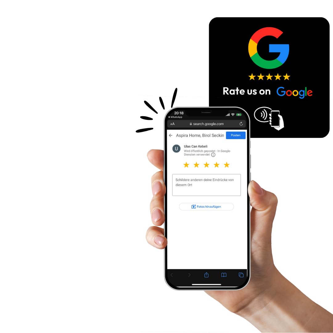 Aspira Home Google Bewertungskarte mit NFC-Chip, Rezensionskarte für Google Bewertungen, FERTIG VOREINGERICHTET für Ihr Google Bewertungsprofil, schwarz, 7,5 x 7,5 cm