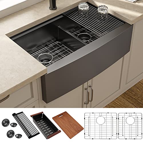 33 Matte Black Farmhouse Sink Double Bowl - Lordear 33 Inch Kitchen Sink Apront Front Workstation Low Divide Double Bowl 60/40 16 Gauge Matte Black Stainless Steel Farm Sink Basin #TOP11