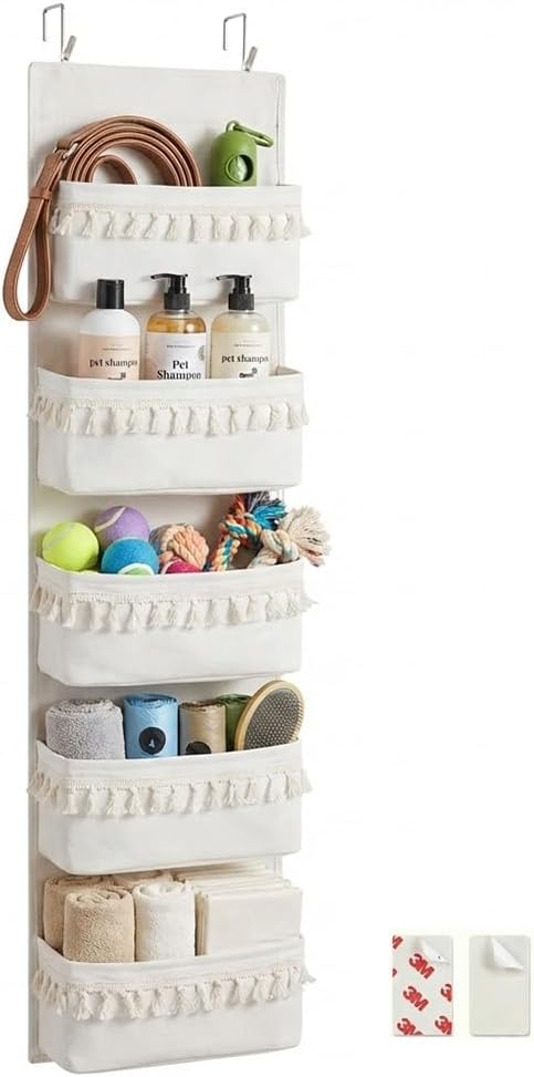 Over The Door Organizer, 5-Tier Sturdy Canvas Hanging Storage for Pet Supplies & Dog Walking Gear, Heavy Duty Large Pockets for Leashes, Treats, Toys, Multi-Use for Nursery & Closet (Beige)
