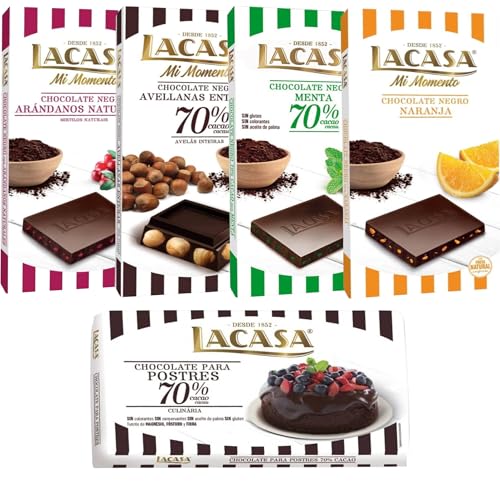 Pack Lacasa 5 deliciosas tabletas de chocolate de distintos sabores y tamaños: naranja , arandanos , menta ,culinaria200g, avellana 200g