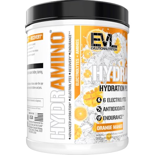 Image of EVL Hydramino - Complete Hydration Powder - Orange Mango | All 6 Electrolytes, Vitamin C & B, Fluid Boosting Aminos, Coconut Water, Endurance, Recovery, Antioxidants - 65 Servings