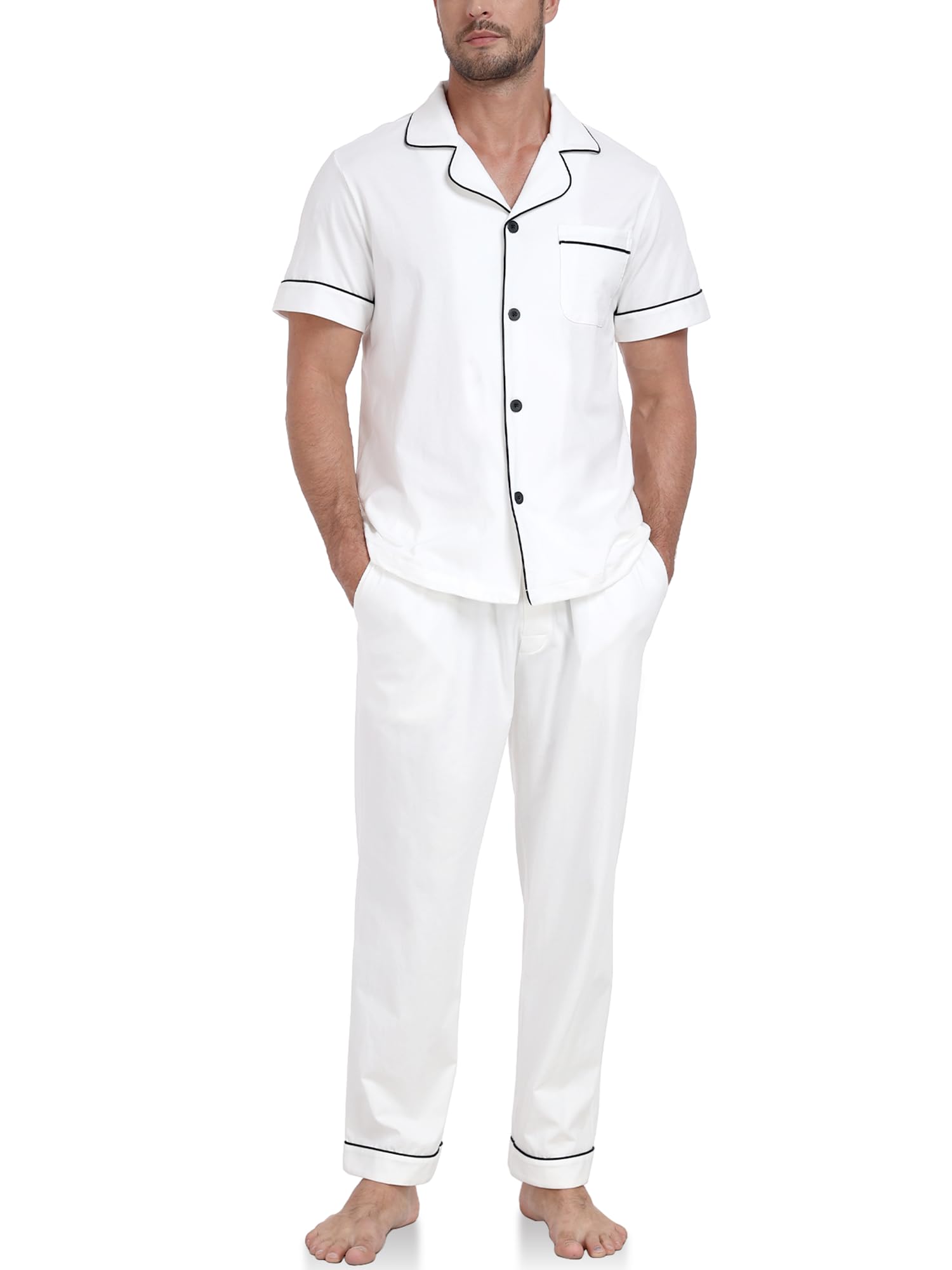 ANLIQI Herren Pyjama-Set 100% Baumwolle Kurzärmelig mit Knopfleiste, Lange Hose mit Taschen, Nachtwäsche Lounge-Wäsche S–XL