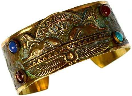 Elaine Coyne Collectible Artwear Egyptian Motif Patina Brass Dual Sphinx Cuff Bracelet - Semiprecious Stones
