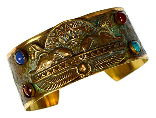 Elaine Coyne Collectible Artwear Egyptian Motif Patina Brass Dual Sphinx Cuff Bracelet - Semiprecious Stones