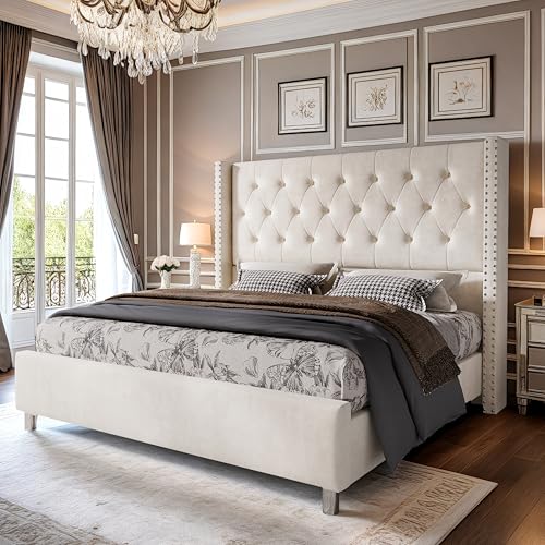 PaPaJet Upholstered Queen Bed Frame with Tall Headboard, Wingback Platform Bed, Low Profile Velvet Tufted Button, No Box Spring Needed, Easy Assembly, Cream