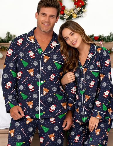 Image of RAISEVERN Couples Christmas Matching Pajamas 2 Piece Women Men Xmas Pjs Soft Pajama Set Long Sleeve Loungewear Warm Sleepwear