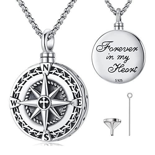 Eusense Cremation Jewelry for Ashes Urn Necklace to Put Ashes In 925 Sterling Silver Memorial Pendant Compass Urn Necklaces for Ashes Necklace for Women Men - Main Image