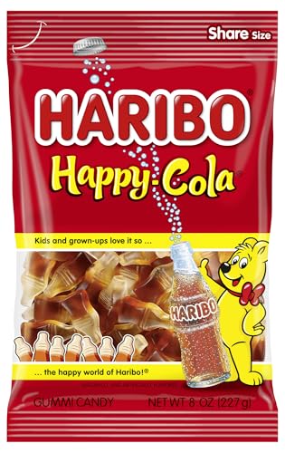 HARIBO Gummi Candy, Happy-Cola Gummy Candy Soda Bottles, 8 Ounce Value Bag, Delicious Soft & Chewy Sweet Snacks, Classic Cola Flavor