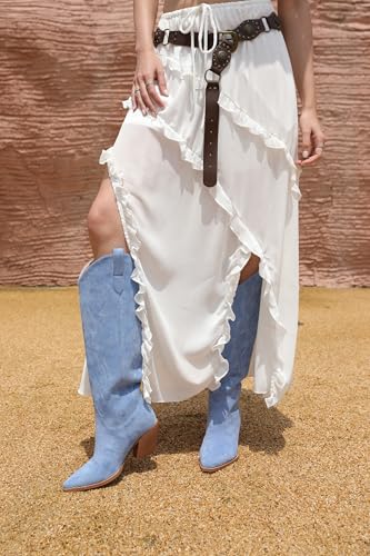 Image of iiimmu Cowgirl Boots Women Knee High Boots Pointed Toe and Block Heel Cowboy Suede and Faux Leather Boots with Embroidered