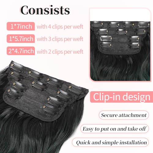 Image of KooKaStyle Wavy Thick Clip in Hair Extensions 24 inch Black to Green Ombre | 4 Pieces Clip in Extensions,Fiber Double Weft Hairpieces,Natural Volume,Beach Wave Long Synthetic Hairpieces for Women