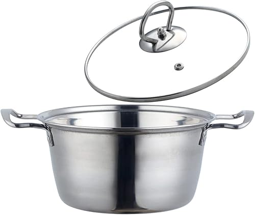 Olla de sopa con tapa de vidrio, olla de acero inoxidable, olla multiusos con asa, olla de cocción de sopa (plateado)