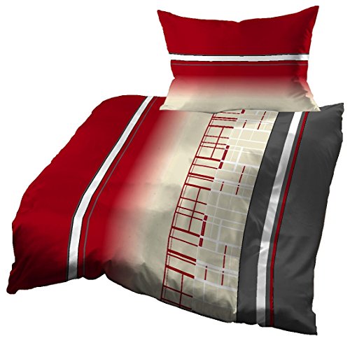 Gerald Wittmann Parure de Lit avec Housse de Couette en Piqué, 100% Coton, pour Lit 1 Personne, Rayures avec Carreaux, Rouge Beige/Crème Gris Blanc, 140x200 cm + 70x90 cm