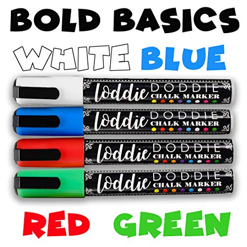 Image of Loddie Doddie Liquid Chalk Markers - Pack of 4, Basic Colors, 6mm Tip - Washable Window Markers - Erasable Pens for Chalkboard Calendar - Fine Tip Chalk Pens for Precision Details