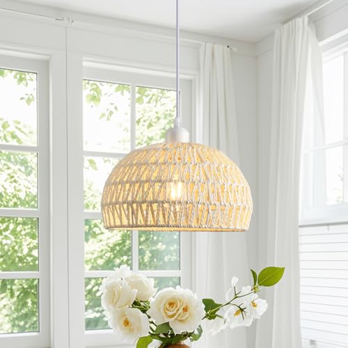 Rattan Pendant Light, Boho Dome Dining Room Chandelier, White Woven