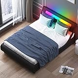 CECER Queen Bed Frame with LED Headboard Tufted Bedroom Furniture PVC Upholstered Platform Bed Frame