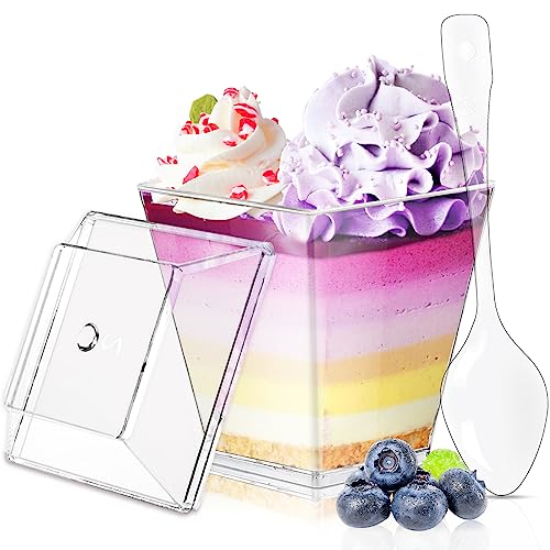 Huanmin 30 Pcs Monoporzione per dolci, 150ml Bicchierini finger food, Finger food con coperchio e Cucchiaio, Tazze da dessert trasparenti per il gelato, Budino, Mousse, Riso, Apericena