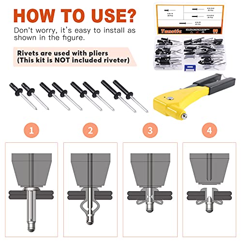 Tanstic 80Pcs 3/16'' x 9/16'' / 3/4'' / 13/16'' / 1" 4 Sizes Flange Aluminum Blind Rivets Large Head Tri-Fold Exploding Pop Rivets Assortment Kit (Black) - Image 4