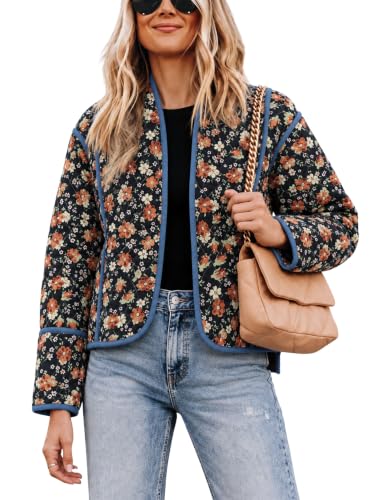 Omoone Womens Reversible Floral Quilted Jacket Crop Open Front