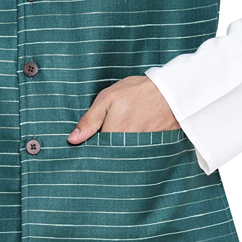 Image of Fabindia Green Viscose Blend Striped Nehru Jacket