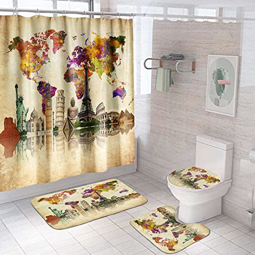 Griekowe Vintage World Map Shower Curtain Sets, 4 Pcs Famous Culture Landmark Statue Of Liberty Eiffel Tower Big Ben Spot Waterproof Fabric Bathroom, Shower Curtains With 12 Hooks Included(72X72In) #TOP13