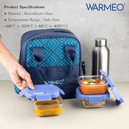Image of WARMEO BOROFRESH Set of 4 Borosilicate Glass Tiffin (3 Square Container,325ml Each + 1 Steel Bottle 750 ml)| Leakproof, Microwave & Dishwasher Safe Lunch Box with Bag for Office, College & School