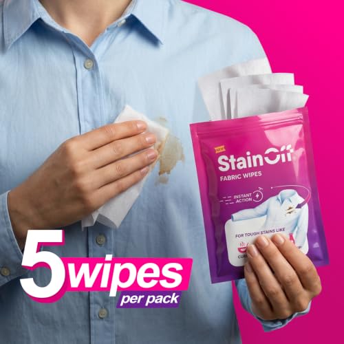 Image of StainOff Stain Remover Wipes For Tough Stains like Tea, Curry, Mud Stains, Helps Remove Stains from White and Coloured Clothes, Fabric (5 in 1 Pack)