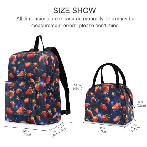 Backpack Lunch Box Set Large Capacity Travel Backpacks and Insulated Lunch Bag for Commute Hiking Picnic Universe Strawberry Print2