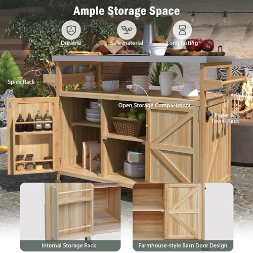 Image of Merax Outdoor Kitchen Island, Rolling Bar Cart & Storage Cabinet, Farmhouse Solid Wood Outdoor Grill Table with Stainless Steel Top, Spice Rack, Towel Rack for Kitchen & BBQ, Natural
