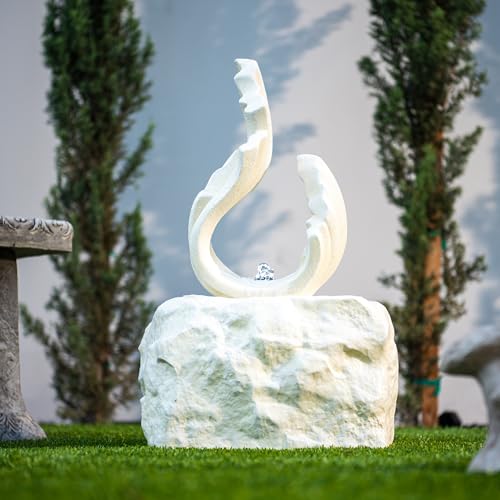Image of XBrand 25 inch H Outdoor Garden Water Fountain, Stone-Look Modern Sculptural Freestanding Fiber Resin Fountain with LED Lights for Patio, Backyard, Porch & Lawn, White