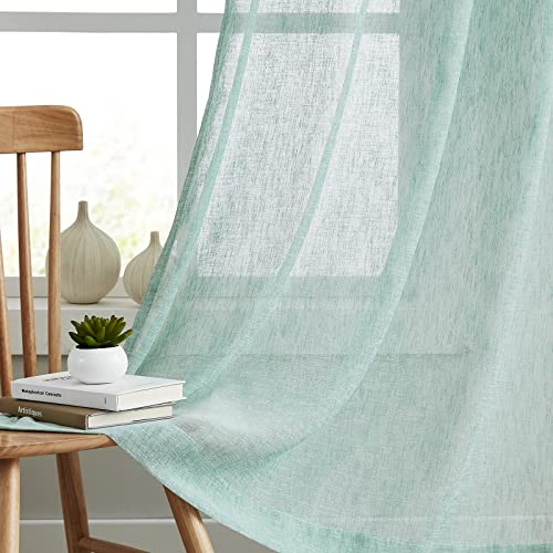 Melodieux Lot de 2 Rideaux Transparents en Lin Naturel texturé avec Passe-Tringle, pour Chambre à Coucher, Salon, 132 x 160 cm, Vert Menthe