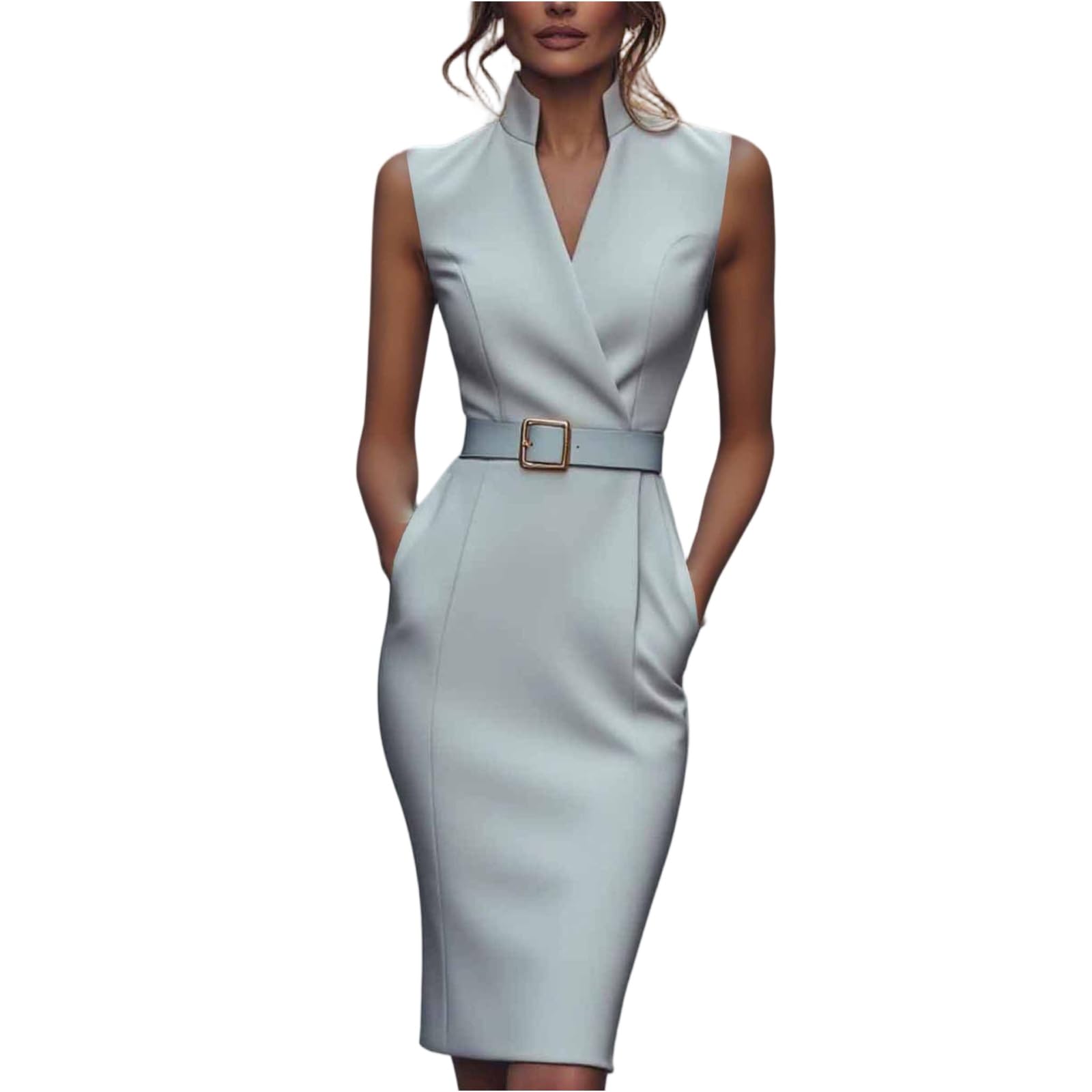 Etuikleid Damen Elegant Knielang Cocktailkleid Damen A Linie Business Abendkleid mit Gürtel Bodycon Kleid Sommer Stehkragen Ärmellos Sommerkleid Frauen Leicht Midikleid mit Taschen