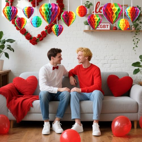 Image of BOARDFEB 12 Pcs Rainbow Pride Heart Round Paper Honeycomb Balls Pride Decorations, Heart Sshaped Honeycomb Ball Pendant Suitable for LGBT Parade Parties Celebrations Birthday Wedding Decorations