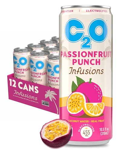C2O - Coconut Water Infusions - Passionfruit Punch (12 Pack) 700mg of Electrolytes - Made with Fresh Coconut Water + Real Fruit Juice - Plant Based Natural Hydration, Non GMO - 12 Slim Cans 10.5 fl oz