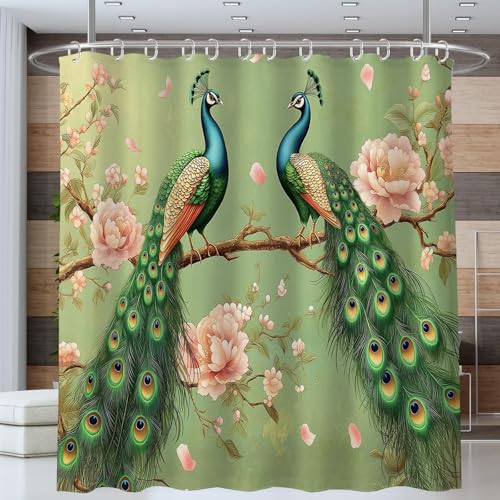 Rideau de douche paon 180x200 cm imperméable en tissu polyester avec 12 crochets