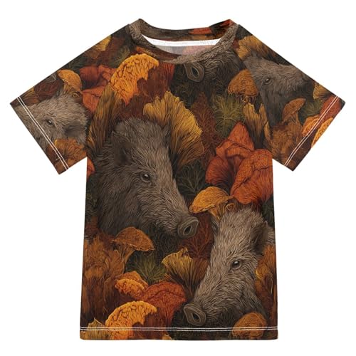 Boys Short Sleeve T-Shirts Mushroom Wild Boar Rashguard Kids Swim Shirts Sun UPF 50+