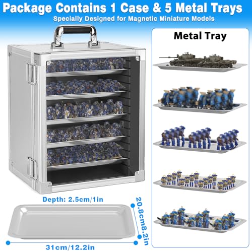 Image of ITHWIU Miniature Carrying Storage Case Aluminum Alloy Frame Transport Case, Miniatures Display Holder with 5 Magnetic Metal Tray, Silver(Medium Size)
