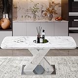 Pvillez Dining Table, Marble Texture Dining Table, Dining Room Kitchen Table, Modern Rectangle Dining Tables Set with Stone Top, White Dinner Office Computer Table for 4-6