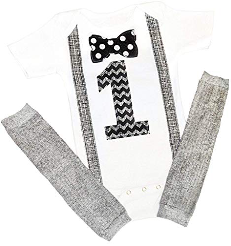 Baby Boy 1st Birthday Outfit – “Little Man” Cake Smash Set with Bow Tie Onesie & Leg Warmers – 12-18 Months
